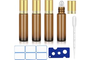 DTDNZKN 4 Pack of 0.34 Oz (10ml) Essential Oil Roller Bottles - Refillable, Leak-proof Amber Glass Roll-on Bottles with Stainless Steel Roller Balls, Metal Caps, and Labels Included