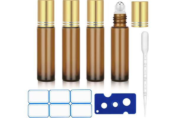 DTDNZKN 4 Pack of 0.34 Oz (10ml) Essential Oil Roller Bottles, Glass | Refillable, Leak-proof Amber Roll-on Bottles with Stai