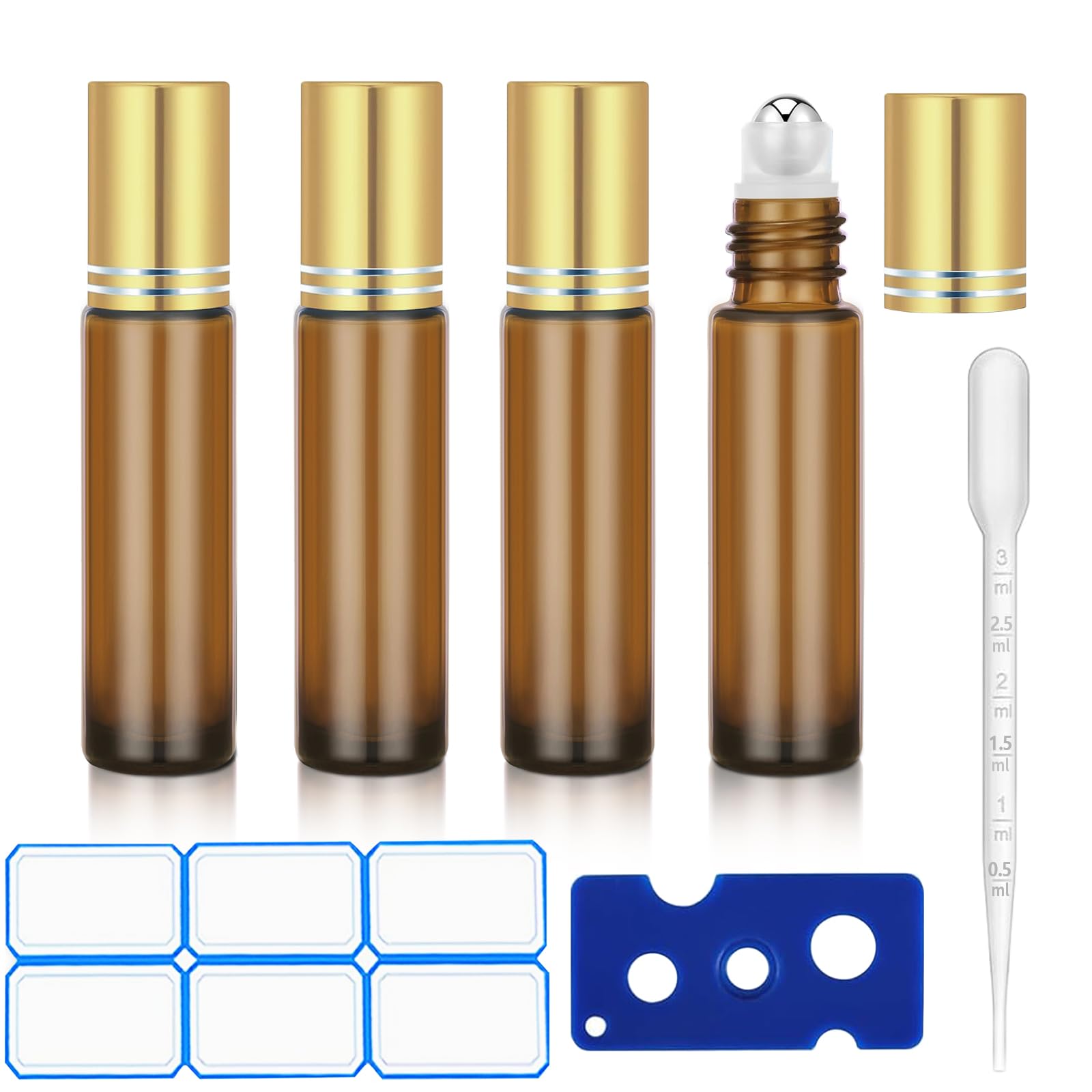Photo 1 of DTDNZKN 4 Pack of 0.34 Oz (10ml) Essential Oil Roller Bottles - Refillable, Leak-proof Amber Glass Roll-on Bottles with Stainless Steel Roller Balls, Metal Caps, and Labels Included