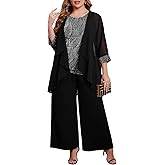 ZOMVA Plus Size 3 Piece Formal Pantsuit Sparkly Chiffon Jacket Set Dressy Outfit Mother of The Bride Groom Wedding Cocktail
