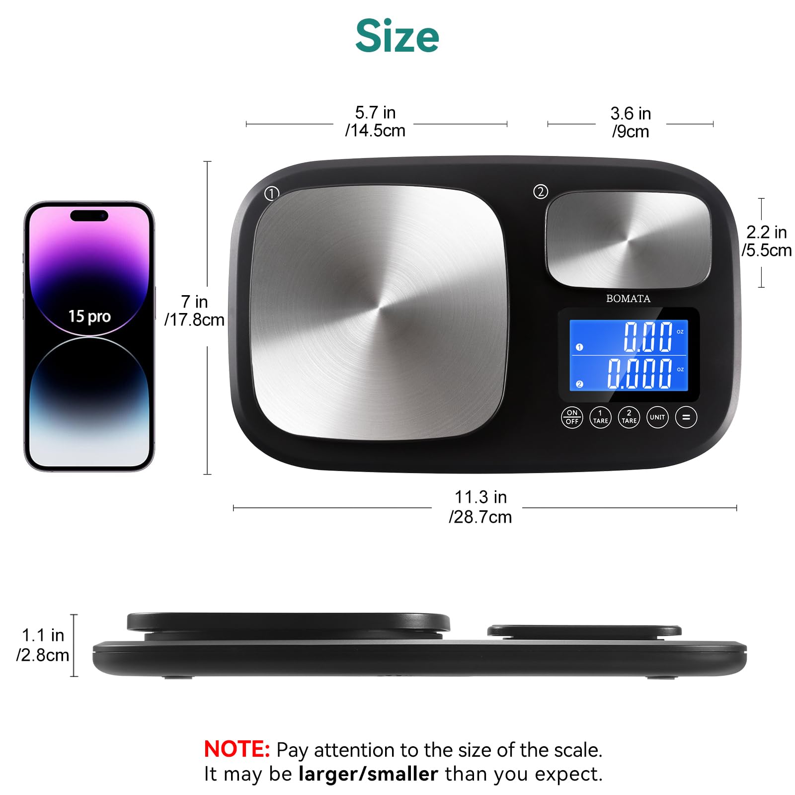 BOMATA 0.01g/500g & 1g/15kg Dual Platform Kitchen Scale with Two Precisions, Accumulation Function, Gram and Ounce, Digital Scale for Food, Baking, Yeast, Jewelry B614