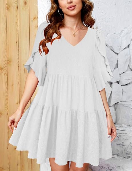 SEBOWEL WOMEN CASUAL SHORT SLEEVE V NECK PLEATED RUFFLE SHORT TIERED DRESS FLOWY MINI PARTY DRESS LOOSE SWING DRESS, WHITE, XXL