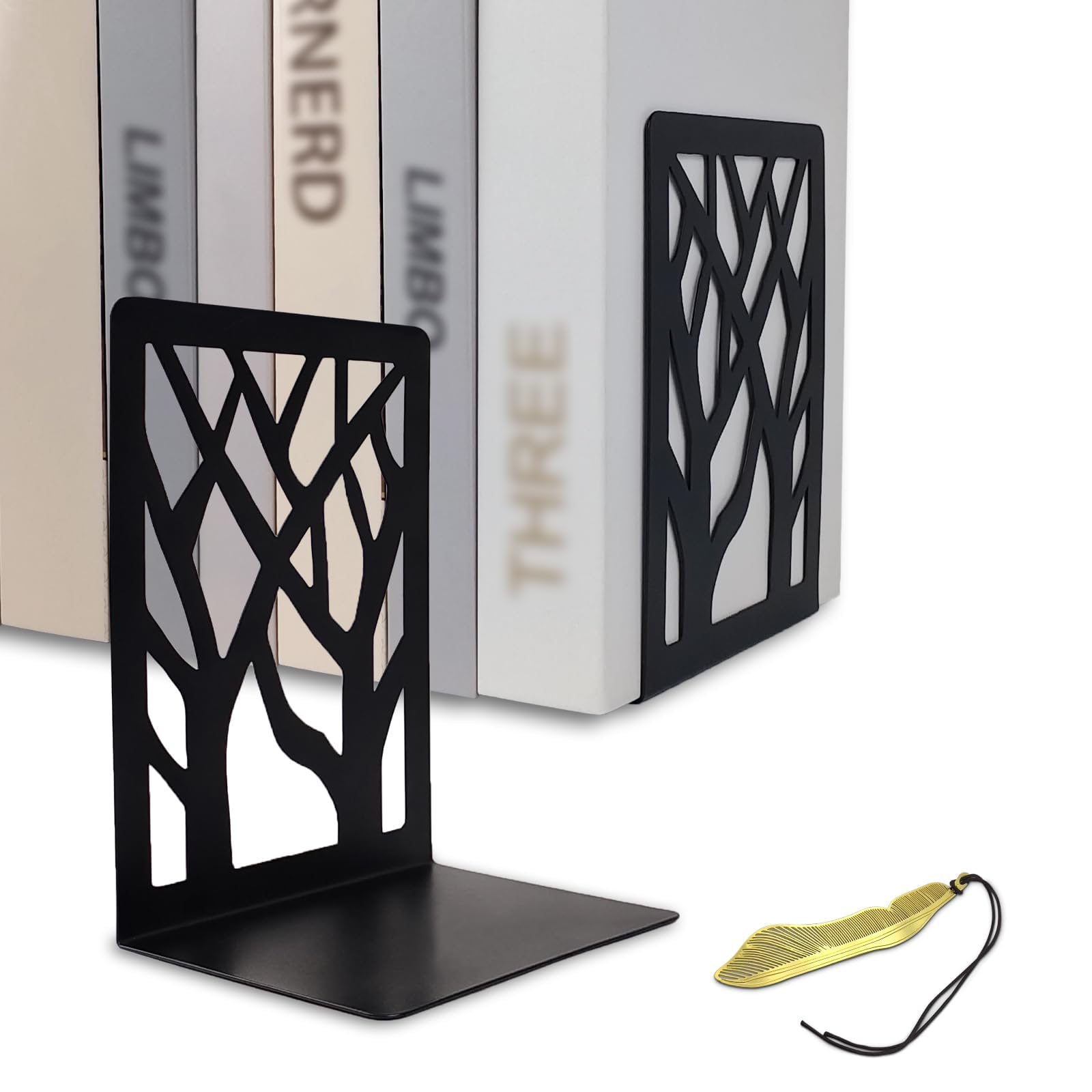 Mgood Metal Book Ends, 1 Pair Black Non-Skid No-Rusting Bookends for Shelves, Unique Design Stoppers for Home, Office, Library
