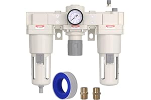 AIRZOE 1” NPT Air Compressor Filter, Regulator and Lubricator Combos FRL - Water Oil Trap Separator AC5000-10, 5 Micron Brass Element, Semi-Auto Drain, 0-150 psi Gauge