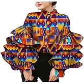 BAZINRICHE Women African Print Long Sleeves Top Shirt Dashiki Square Collar Shirts Ankara Clothing