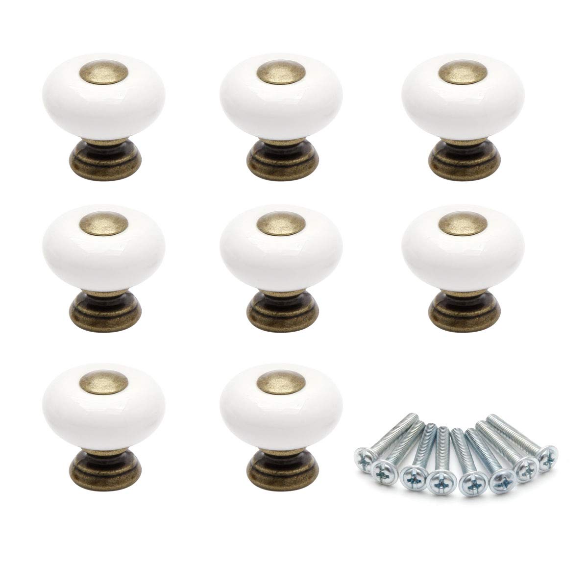 Hamimelon 8pcs Door Knobs Ceramic Porcelain Vintage Round Style Bedroom Door Cabinet Cupboard Drawer Knob Pull Handle (26mm, Antique Brass)