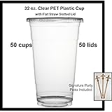 50 count 32 oz. Clear Plastic Cup and Flat Straw Slotted Lid, Dart Solo w/ Signature Party Picks