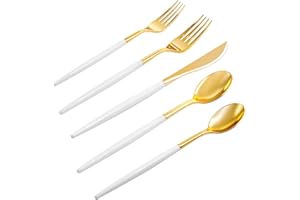 Rubtlamp 96 Pcs Gold Plastic Silverware, Gold Plastic Utensils with White Handle, Cutlery Set Disposable Includes: 32 Knives, 32 Plastic Spoons And 32 Forks for Wedding And Party