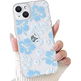 NITITOP Compatible with iPhone 14 Case Cute Clear Aesthetic Floral Flower Hibiscus Pattern for Girls Women Soft TPU Full Camera Lens Shockproof Protective Phone Cover - Blue