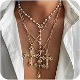 Gold Cross Necklace for Women Pearl Cross Pendant Necklace Crystal Layered Chain Necklace Set Dainty Long Necklaces Fashion Jewelry