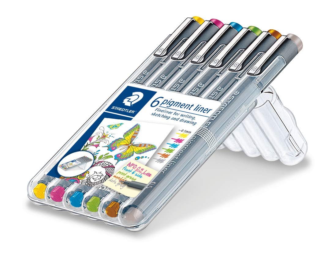 STAEDTLER 30805S2SB6 Pigment Liner Pens - Assorted Colours, 0.5 mm (Set of 6)