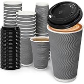 BYSNOW 100 Pack 16 oz Paper Coffee Cups with Lids Disposable for Hot Drink | Insulated Hot Cups, Grey To Go Paper Coffee Cups, Thickened Leak Proof Corrugated Ripple Wall Cup, for Office Coffee Bar