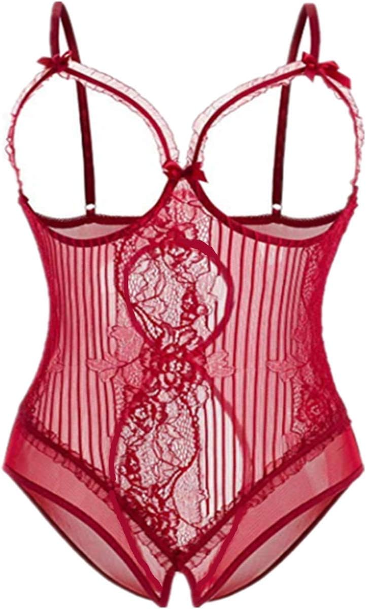 Women Sexy Lingerie Teddy Babydoll Bodysuit Lace Nightie Plus Size S-6XL (Wine red, XXL)