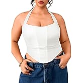 ChiaoLezhee Women's Plus Size Sexy Halter Boned Corset, Square Neck Mesh Lace Up Crop Top, Club Going Out Outfits (14W-22W)