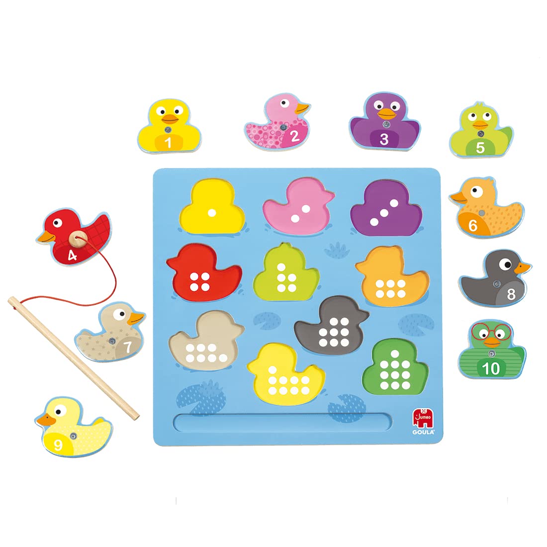 Goula Magnetic Ducks Puzzle - 10Pc Kids Fishing Puzzle, Hook a Duck Wooden Puzzle Game for Children with Magnetic Patches & Fishing Rod- Learn Colours, Numbers & Develop Fine Motor Skills - 2 Years +