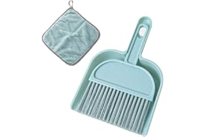 meioro Mini Dustpan and Brush Set, Multi-Functional Cleaning Tool with Hand Broom Brush, Plastic Dust Pan, Coral Fleece Dishtowel/Cleaning Cloth for Home Kitchen Keyboard Cars (2-Piece, Blue)