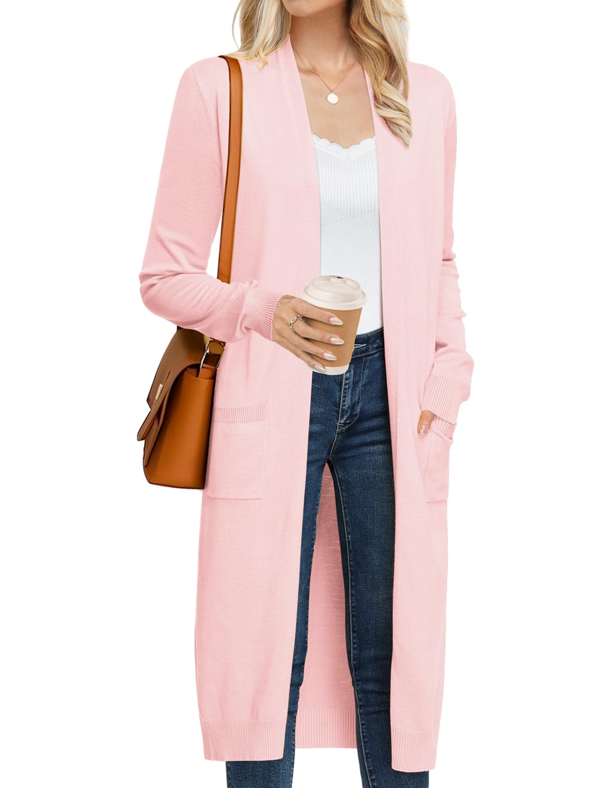 GRACE KARIN Pink Long Sweater for Women Trendy Long Cardigans Sweater Thin Duster Coverup Valentines Day Outfits(Light Pink.L) Image