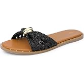 Perphy Flats Sandal Raffia Knot Open Toe Slippers Slip-On Slides Sandals for Women