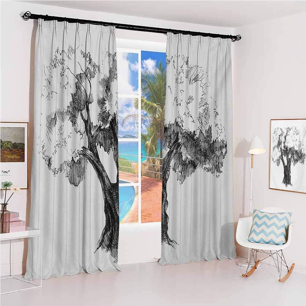 Tree Hook up Curtain Sketch Artwork of Olive Tree Foliage Mediterranean Fruit Nature Garden Concept Print for Bedroom Kindergarten Living Room W52 x L84 Inch Black White