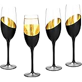 MyGift Modern Stemmed Champagne Flute Glass Set of 4 with Black and Gold Plated Design, Bachelorette Toasting Glasses Party and Wedding Wine Glass, 8 oz