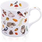 Autumn Animals Coffee Mug, 12 oz New Bone China Mug with Bird, Hedgehog, Owl & Pumpkin Design, Halloween & Fall Seasonal Ceramic Tea Mug, Nature Lover Gift, Designed in England by Harvest Green Studio