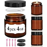 4 oz Glass Jars with Lids, 4 Pack Amber Small Glass Jars with Black Lids Leakproof Airtight Empty Cosmetic Travel Containers with Inner Liners For Lotions Body Scrub, Candle Making