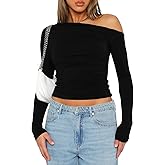 ForeFair Women Sexy Off The Shoulder Long Sleeve Tops Y2k Ruched Going Out Tops Slim Fit Fall T-Shirts