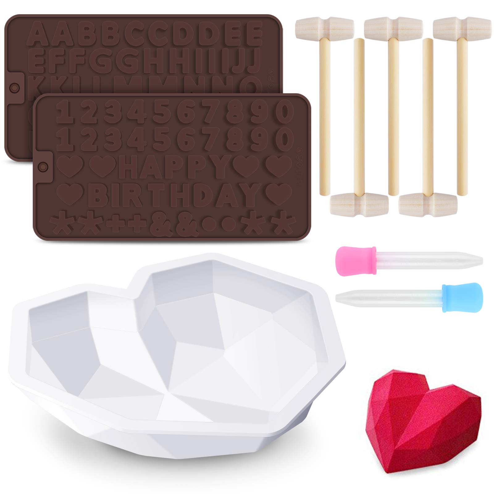 Heart Shaped Silicone Mold, ERKOON Chocolate Diamond Love Mousse Cake Mold, Reusable Heart-Shaped Baking Cake molds with 5 Hammers for DIY Dessert Baking
