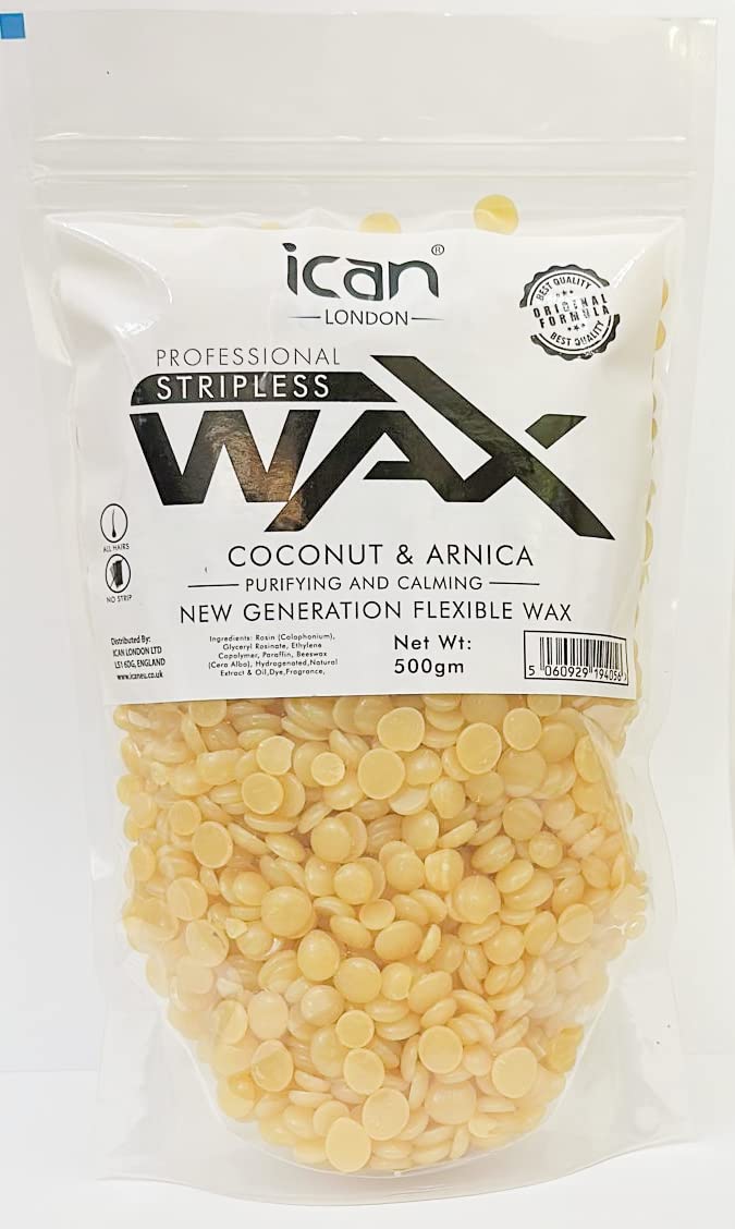 Ican London Professional Hard Wax Beads,Stripless Depilatory Waxing Pellets Solid Beans No Strip Needed, Pain Free Hair Removal Wax For Full Body (Coconut & Arnica, 500g)