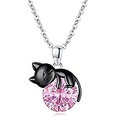 Vadmans Cat Necklace Sterling Silver Cat Pendnat with Rose Quartz Pearl Jewelry Gifts for Women Cat Lovers
