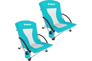KingCamp Low Folding Beach Chairs for Adults,Portable Lightweight Lowback Sling Chair with Headrest,Cup Holder,Carry Bag Armrest,Foldable Chair for Sand Camping Concert Travel,300LBS