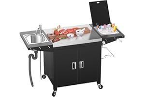 BBQMALL Outdoor Kitchen Cabinet Island with Sink, Ice Bin, 100-Gallon Storage Cabinet, and Lockable Wheels, Stainless Steel Patio Prep Table for BBQ, Outdoor Cooking, and Grilling