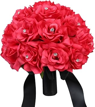 Amazon Com Angel Isabella Hot Pink Rose And Black Ribbon Bridal Wedding Bouquet Keepsake Artificial Flowers Furniture Decor