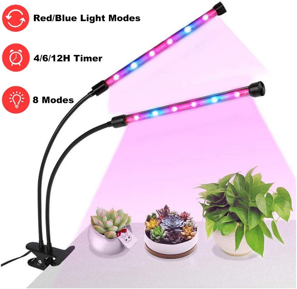 LED Glow Lights, LOPET 24W Dual Head Grow Lamp with 4/6/12H Timer, 8 Dimmable Modes, 360 Degree Adjustable Gooseneck, UV and IR Full Spectrum for Indoor Plants Germination Kit Hydroponics Greenhouse