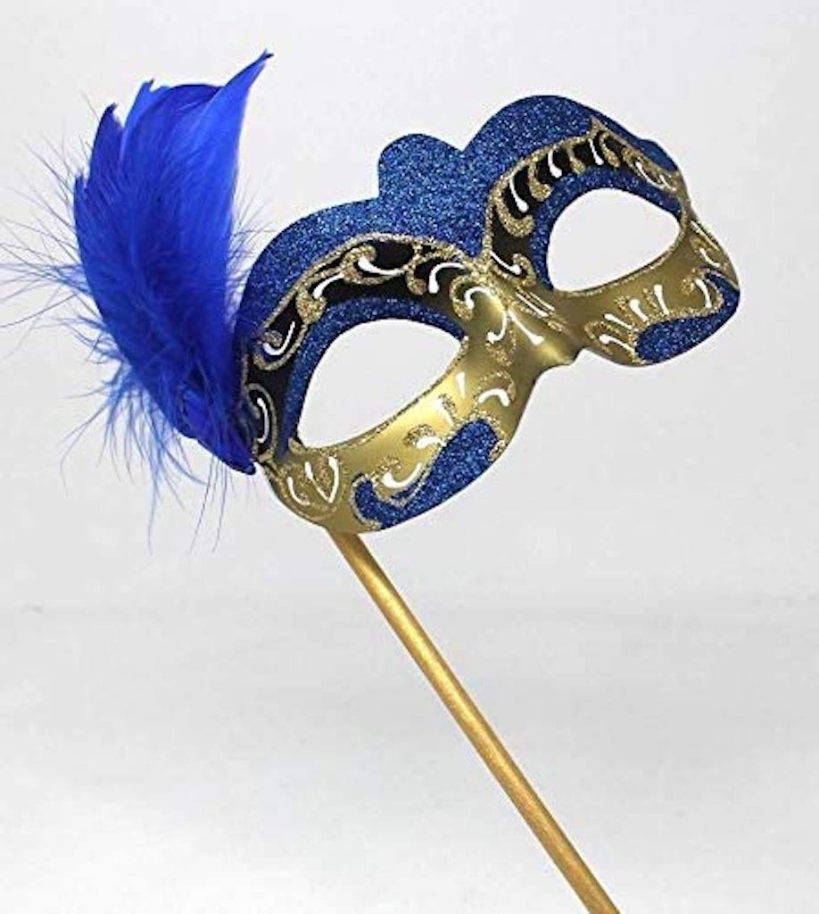LADIES BLUE WHITE & GOLD VENETIAN MASQUERADE HALLOWEEN CARNIVAL PARTY EYE BALL FEATHER MASK ON A STICK
