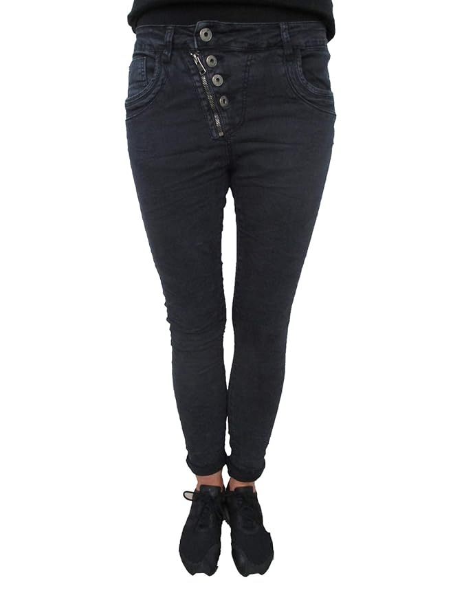 Jewelly by Lexxury Damen Baggy Boyfriend Jeans schräge Knopfleiste Front Zip