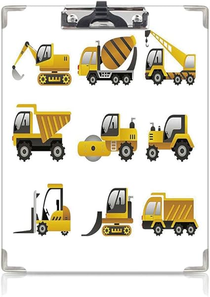 Amazon クリップボード 建設 ミニバインダー 大きな車両アイコンコレクションエンジニアリングビルディングテーマクリップアートスタイル装飾 用箋挟 クロス貼 短辺とじ黄色灰色白 クリップファイル ボード 文房具 オフィス用品
