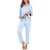 COLORFULLEAF Women's 100% Cotton Pajama Set with V-Neck, Long Sleeves & Long Pants, 2-Piece Sleepwear with Pocket S-XXL