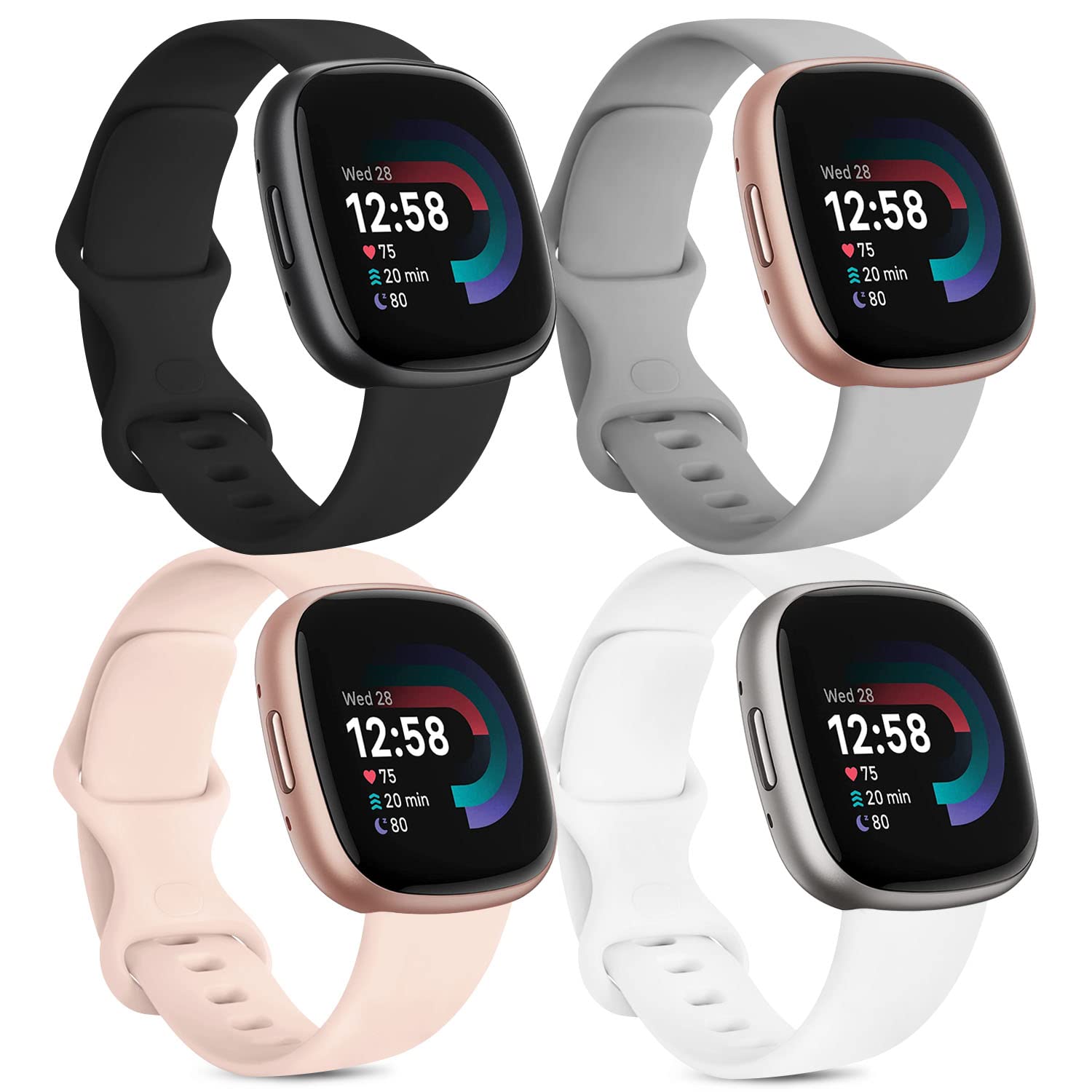 for Fitbit Versa 4 Strap/Versa 3 / Sense 2 / Sense Strap, Soft Sport Watch Strap Replacement Wristbands for Women Men (Black+Grey+Pink+White,L)