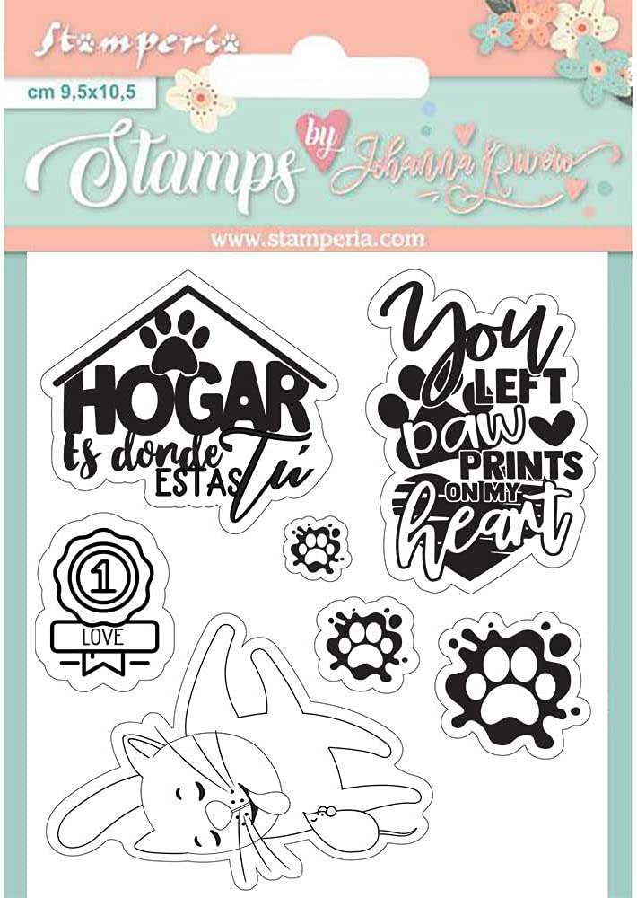 STAMPERIA INTERNATIONAL, KFT Stamperia-Acrylic Stamp-Circle of Love-Cat and Labels, 9.5 x 10.5 cm