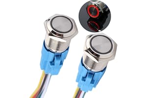 DMWD 2PCS 16MM Momentary Push Button Switch 12V-24V Ring Led 1NO 1NC Self-Reset ON/Off Metal Round Waterproof 5/8’’ Mounting Hole with Wire Socket(IP66, Red Led)