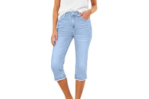 Bacrelax Capri Jeans for Women High Waist Straight Leg Skinny Cuffed Cropped Pants Summer Stretchy Denim with Pockets