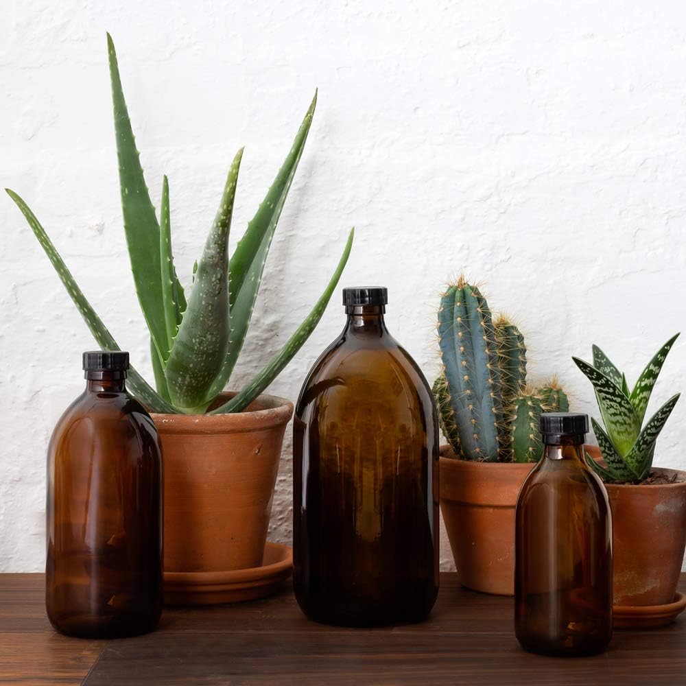 Kuishi Amber Glass Brown Screw Top Bottles [300ml], Recycled Amber Glass Bottle, Medicine Bottles, Refillable Brown Glass Bottles with Black Plastic Caps (BPA-Free)