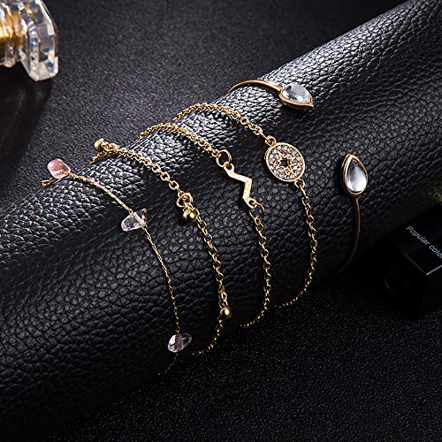 Denifery Water Drop Bracelet Ball Bracelet Open Natural Stone Bracelet Diamond Hand Chain Six-Star Bracelet,Set of 5
