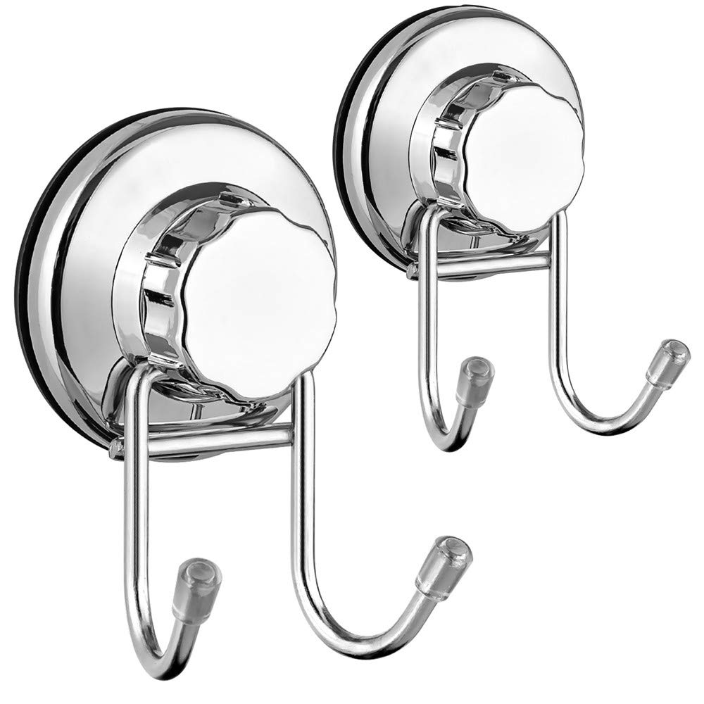 SANNO Double Hooks Suction Cups Vacuum Hook for Flat Smooth Wall Surface Towel Robe Bathroom Kitchen Shower Bath Coat,NeverRust Stainless Steel (2 Pack)