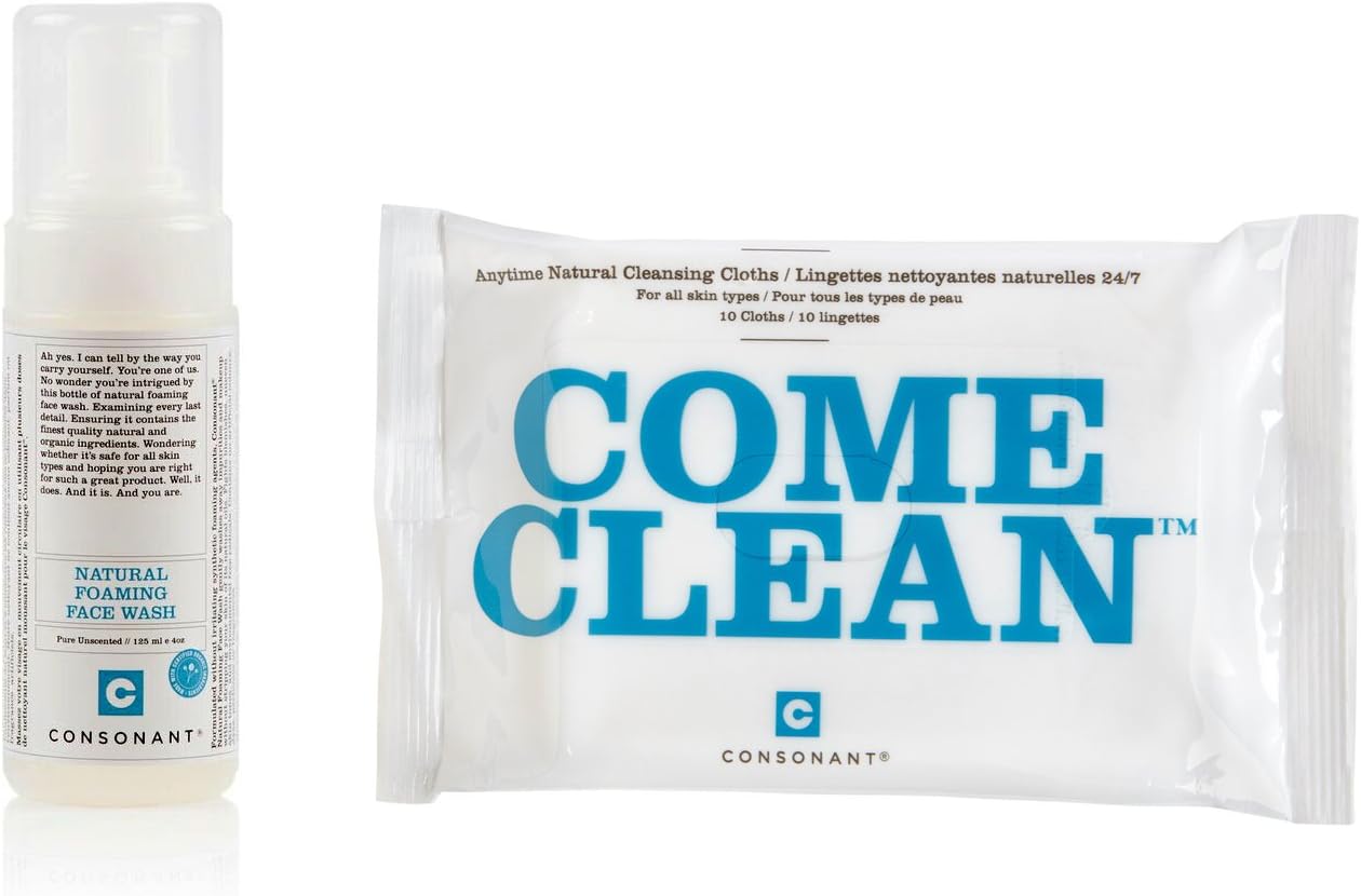 Consonant Skincare Natural Foaming Face Wash + Come Clean Towelettes Bundle With Organic Green Tea, White Willow, Ginseng, Aloe Vera and Chamomile, 125 ml and 10 ct.