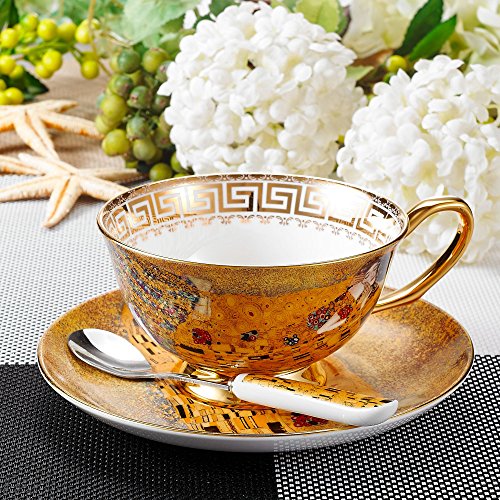 Panbado Bone China 6.8oz Coffee Tea Cup and Saucer Set with Spoon, Set of 3 - Sleeping Beauty - Thumbnail 6