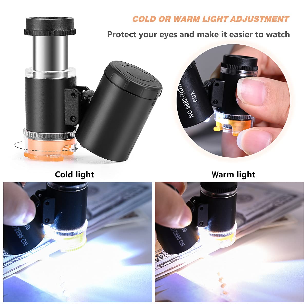 2 Pieces 60X Mini Pocket Microscope, Jewelers Eye Loupe with 3 Light, Portable Magnifying Glass for Handcrafts Jewelry Diamond Gem Coins Currency