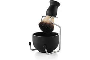 Wismee 3 In 1 Shaving Brush Set Shaving Soap Bowl & Shaving Stand & Badger Hair Shaving Brush Kit Stainless Steel Shaving Cleaning Tool for Men (Black)