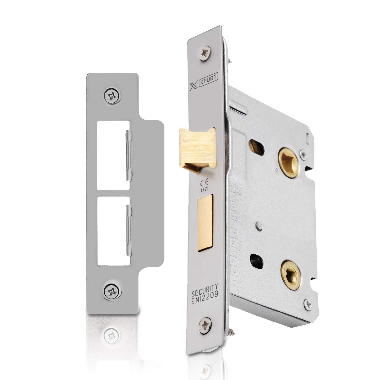 XFORT® Satin Chrome Bathroom Lock 75mm for Internal Wooden Doors, Mortice Door Lock for Bathroom, Door Latch Mechanism and Thumbturn Locking Door Security, CE Approved and Fire Rated Protection